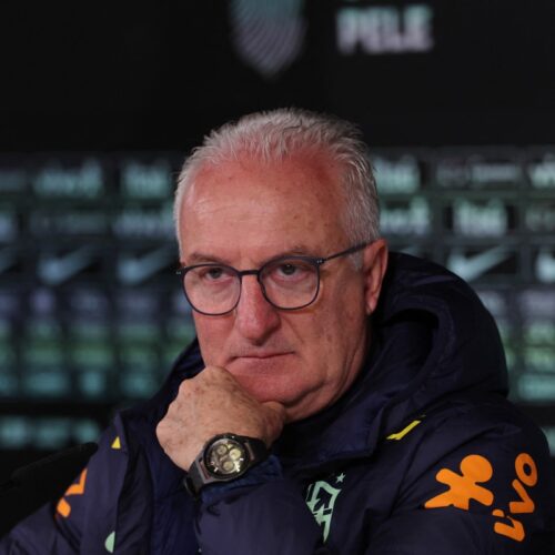 Brazil's coach Dorival Silvestre Junior gives a press conference on the eve of the international friendly football match between Spain and Brazil at the Ciudad Real Madrid training ground in Valdebebas, outskirts of Madrid, on March 25, 2024. (Photo by Pierre-Philippe MARCOU / AFP)